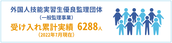 外国人技能実習生優良監理団体（一般監理事業）受け入れ累計実績6288人（2022年7月現在）