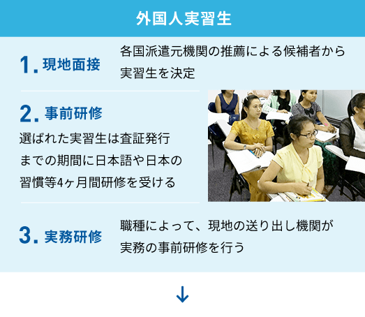 【外国人実習生】1.現地面接　各国派遣元機関の推薦による候補者から実習生を決定 2.事前研修　選ばれた実習生は査証発行までの期間に日本語や日本の習慣等4ヶ月間研修を受ける 3.実務研修　職務によって、現地の送り出し機関が実務の事前研修を行う