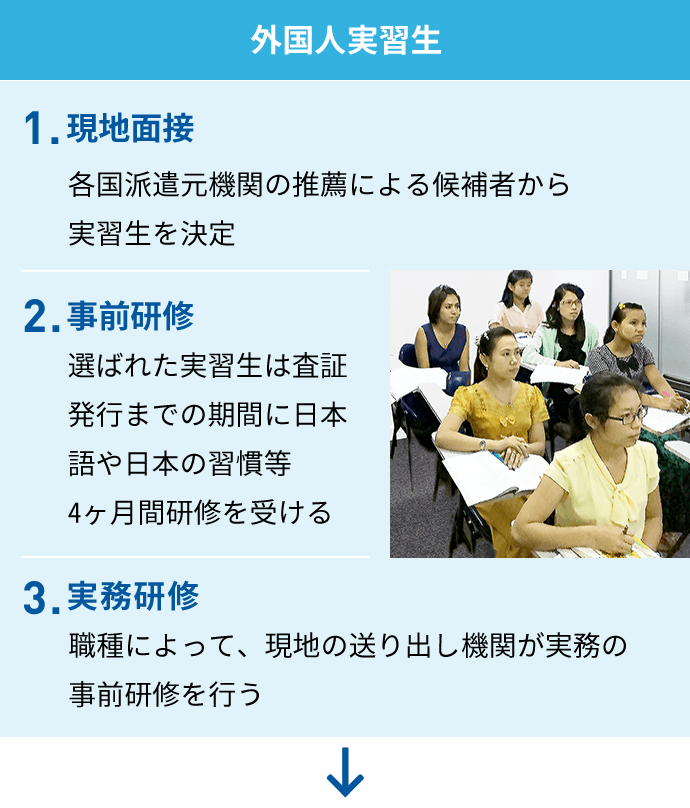 【外国人実習生】1.現地面接　各国派遣元機関の推薦による候補者から実習生を決定 2.事前研修　選ばれた実習生は査証発行までの期間に日本語や日本の習慣等4ヶ月間研修を受ける 3.実務研修　職務によって、現地の送り出し機関が実務の事前研修を行う