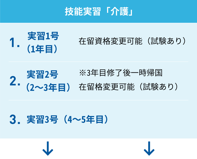 技能実習「介護」　1.実習１号（１年目）在留資格変更可能（試験あり）　2.実習２号（2～3年目）※3年目終了後一時帰国　在留資格変更可能（試験あり）　3.実習３号（4～5年目）